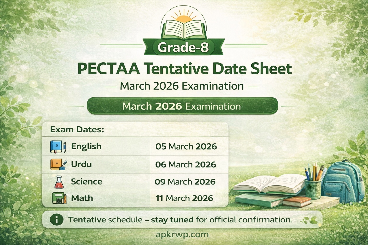 Grade-8 PECTAA Tentative Date Sheet for March 2026 Exam