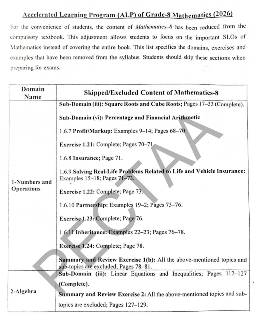 Math Grade-8 Smart Syllabus 2026 by PECTAA