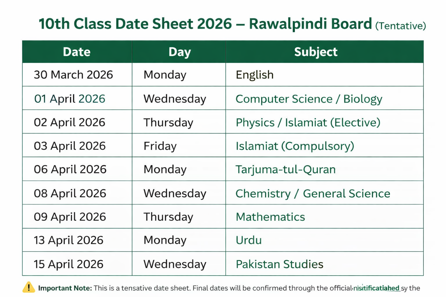 10th Class Date Sheet 2026 Rawalpindi Board