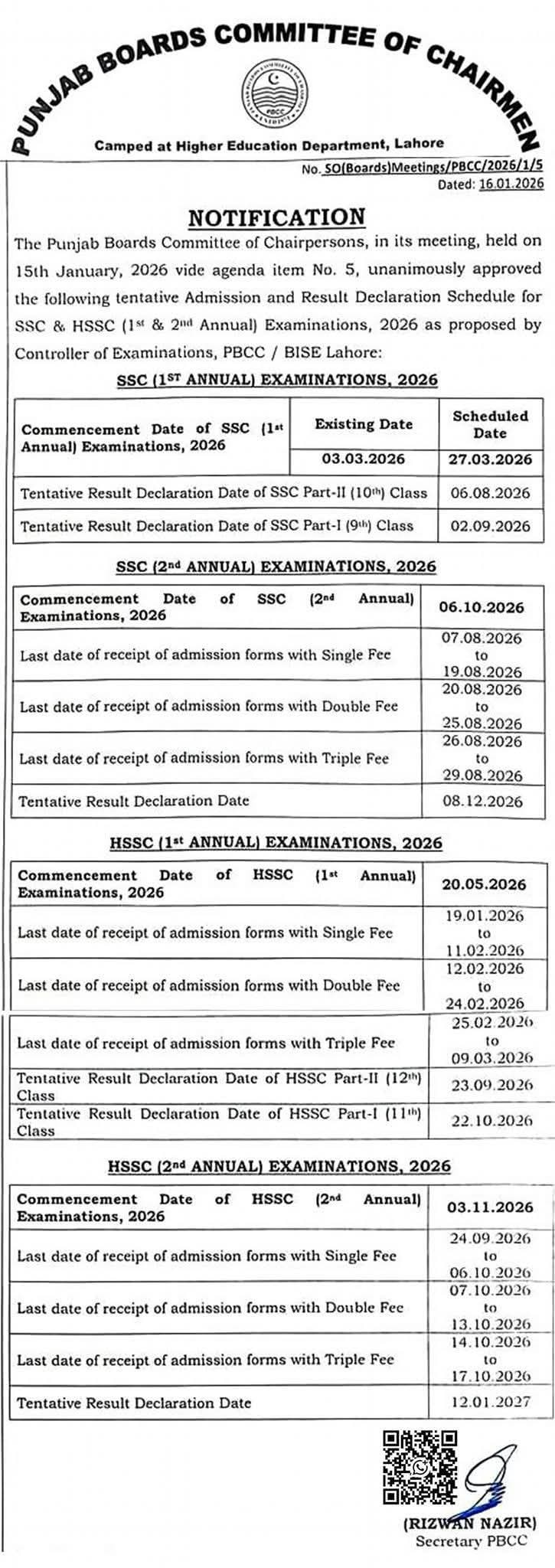 PBCC Announces Revised SSC & HSSC Exam Schedule 2026